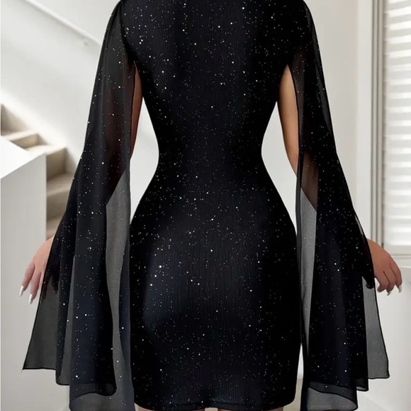 Elegant Black Dress with Cape Sleeves - Picture 2 of 7